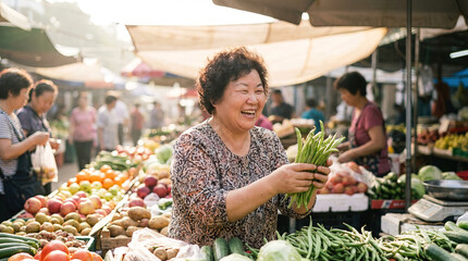 An image of a smiling market vendor in a bustling local market, with fresh produce, capturing the essence of community and freshness.