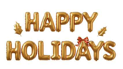 Golden happy holidays balloon letters with festive tree decorations on black