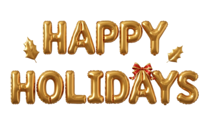 Golden happy holidays balloon letters with festive tree decorations on black