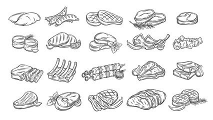 Meat products line icons set. Outline hand drawn sketches of premium steak and filet mignon, ribeye, tbone and kebab skewer, ribs. Butchers shop menu mascot, meat collection icon vector illustration