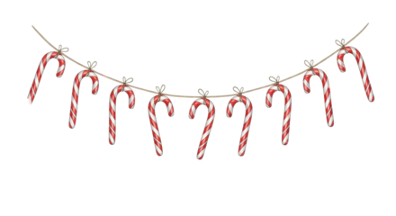 High-quality watercolor illustration of a festive christmas garland made of striped red and white candy canes hanging on natural twine, isolated on a transparent background. Minimalist holiday concept