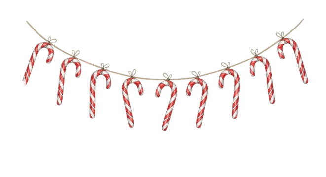 High-quality watercolor illustration of a festive christmas garland made of striped red and white candy canes hanging on natural twine, isolated on a transparent background. Minimalist holiday concept