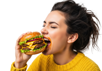 young caucasian woman, dark messy hair, yellow chunky sweater, intensely biting a gourmet cheeseburger with ecstatic pleasure on a transparent background. concept for fast food advertising