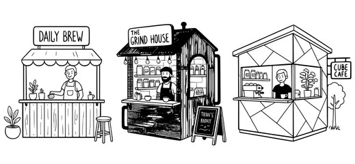 A black and white line art illustration showing three distinct outdoor coffee stalls or kiosks: "Daily Brew," "The Grind House," and "Cube Cafe." Each stall is manned by a barista and features element