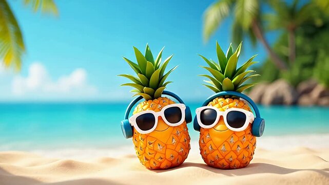 Two cartoon pineapples on beach