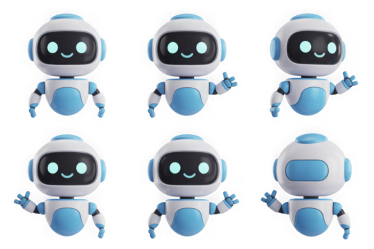 Cute friendly robot character collection in various poses and gestures isolated on transparent background