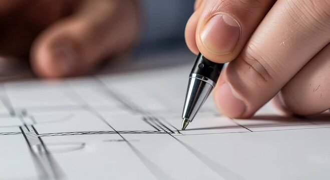 Person drawing architectural plan with pen close up