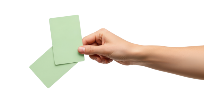 Female hand holding two blank light green vertical cards isolated on white. - Powered by Adobe