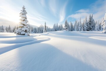 Fototapeta premium Serene Winter Landscape with Snow-Covered Trees and Blue Sky