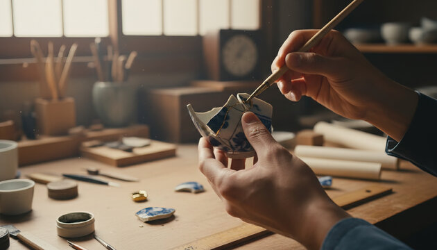 A craftsman meticulously repairs a broken ceramic art piece, in a workshop setting, representing the Japanese art of Kintsugi.