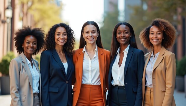 Diverse team smiles outdoor in city. Young women in formal suits show leadership together. They demonstrate success, progress, collaboration, confidence. Teamwork, woman power in business fashion.