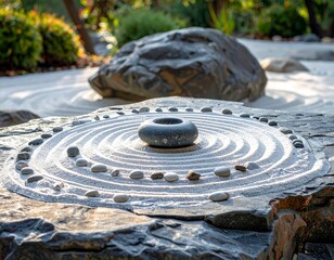 Serene Japanese Zen Garden with Raked Sand, Stones, and a Central Meditation Object for Peaceful