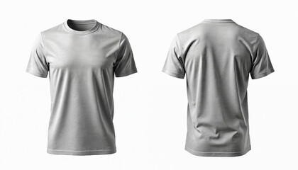 Front and back view of a blank grey t shirt. Mockup for apparel branding and design. Template perfect for presentations or online stores to showcase designs with space.