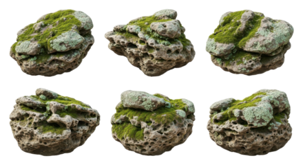 Set of Six Porous Gray Rocks Covered with Green Moss Isolated on White Background