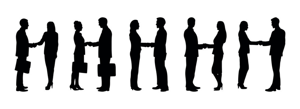 Business People Handshake Silhouettes - Professional Agreement, Partnership, and Corporate Deal Icons
