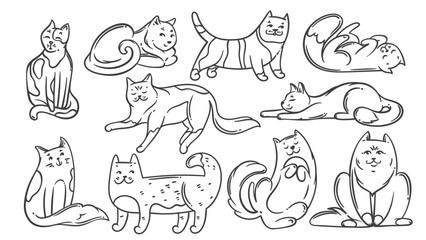 Cartoon doodle cats outlines set in playful, funny, cute, and relaxed poses sitting, sleeping, stretching, and laying. Vector illustration of linear cats for coloring, stickers, or kids art projects.