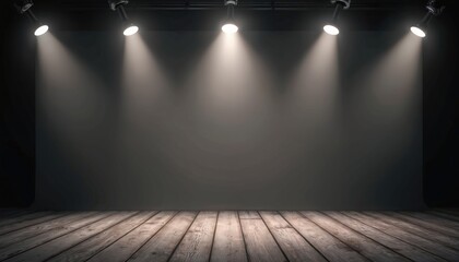 Illustration of studio stage with dark background wooden floor. Spotlights illuminate blank space. Suitable for product display advertising or presentations with copy space.