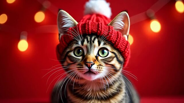 Cat Wearing Red Knit Hat