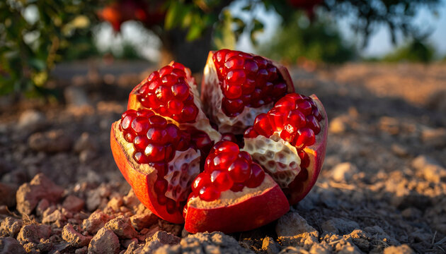 A ripe, partially opened pomegranate rests on rocky ground, revealing its juicy red seeds in a sunlit orchard. - Powered by Adobe