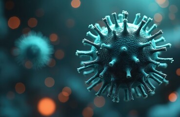 Detailed render shows structure of virus. Microscopic view of spiky microbe. Viral particle macro close up. Science tech photo of nano virus or bacteria. Pathogen organism under high magnification.