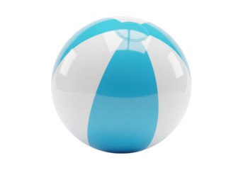 a perfectly spherical, glossy beach ball featuring alternating white and cyan panels, isolated on a transparent studio background with maximum copy space. concept of nostalgic summer vacation and