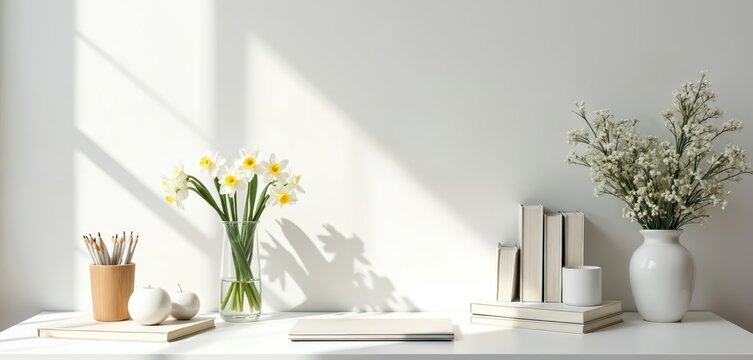 Minimalist home office desk setup with fresh spring flowers. White daffodils in glass vase, books, pencils, laptop arranged on clean table with decor. Bright room interior gets natural sunlight