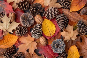 Autumn Leaves and Pine Cones on a Colorful Nature Background