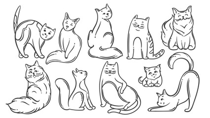Cartoon doodle cats outlines set in cute, funny sitting, stretching, crouching, and playful poses. Vector illustration of outline cats for coloring, stickers, prints, or kids creative art projects.