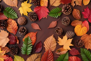 Vibrant Autumn Leaves and Pine Cones on Wooden Background
