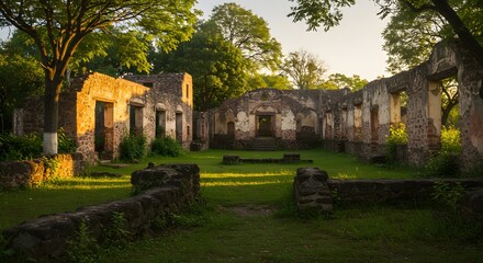 Sunlit ruins of an old building, overgrown with green and framed by trees