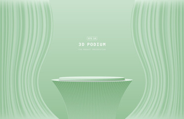 Minimal green 3D podium pedestal with luxury curved curtain wall background, Elegant curved textured 3d base, Perfect for luxury product presentation, Cosmetic display and showcase design.