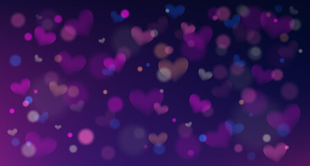 Romantic heart-shaped bokeh overlay with soft glowing lights in pink, purple and blue tones. Dreamy blurred background.