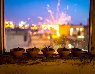 Traditional clay lamps on a windowsill overlooking distant city fireworks at twilight creating a
