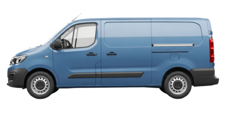 Modern Blue Commercial Delivery Cargo Panel Van Side View Isolated on White Background