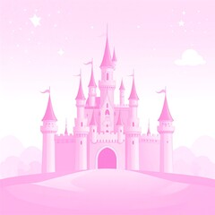 Obraz premium A majestic castle with tall, ornate turrets stands proudly against a twilight sky filled with twinkling stars, casting a magical ambiance.