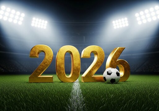 Golden 2026 numbers with soccer ball on stadium field under lights