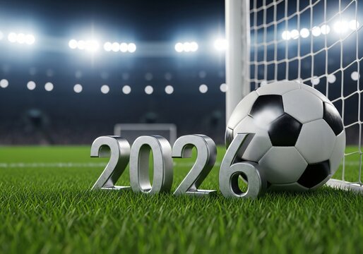 Soccer ball and 2026 numbers on a stadium field under stadium lights - Powered by Adobe