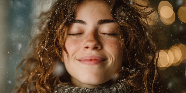 Young woman closes eyes smiling as snowflakes melt on flushed cheeks amid warm bokeh lights. Blissful winter snowfall serenity, magical holiday peace vibe.