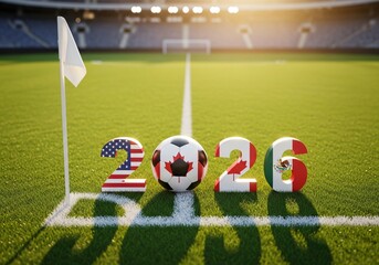 Soccer field with 2026 flags and ball