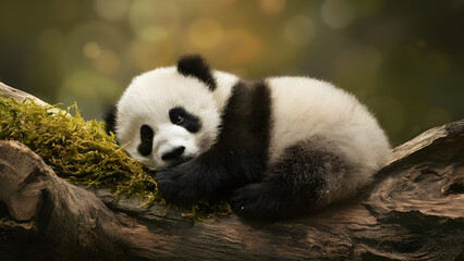 Adorable baby giant panda cub resting peacefully on a mossy tree branch in a lush forest habitat