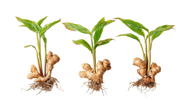 Three ginger plants side by side with exposed rhizome on transparent background