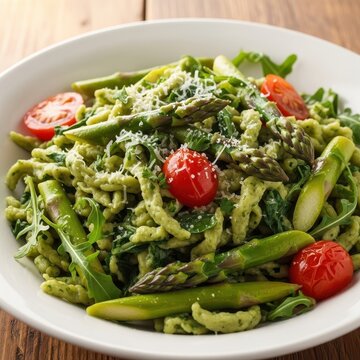Artisanal trofie pasta with verdant asparagus and vibrant cherry tomatoes display