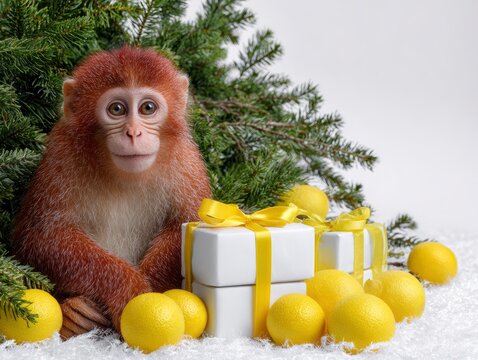 A red monkey sits among presents and lemons with a Christmas tree in the background