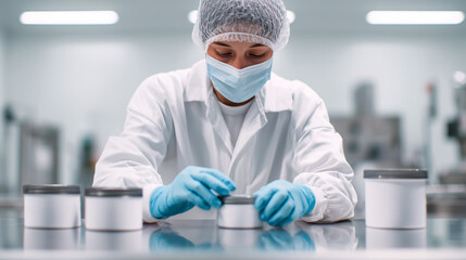 Laboratory technician in protective equipment examining product samples in sterile facility. Female scientist wearing mask, hairnet, blue gloves and white coat, quality control in pharmaceutical lab.