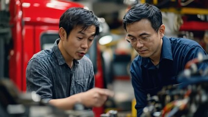 two asian mechanics inspecting car engine in workshop. experienced worker pointing at machinery part to colleague. industrial manufacturing and teamwork concept. vocational training.