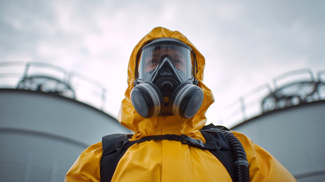 Hazmat specialist in yellow protective suit, gas mask with respirator at industrial facility. Chemical safety worker wearing full-face protection equipment, emergency response, contamination control.