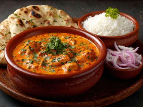 A vibrant dish of butter chicken curry sits alongside naan rice  red onions on a wooden platter