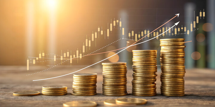 Golden coin stacks with rising financial graph showing investment growth, wealth increase, stock market success, economic upward trend
