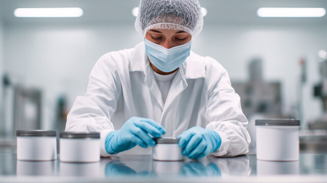 Laboratory technician in protective equipment examining product samples in sterile facility. Female scientist wearing mask, hairnet, blue gloves and white coat, quality control in pharmaceutical lab.