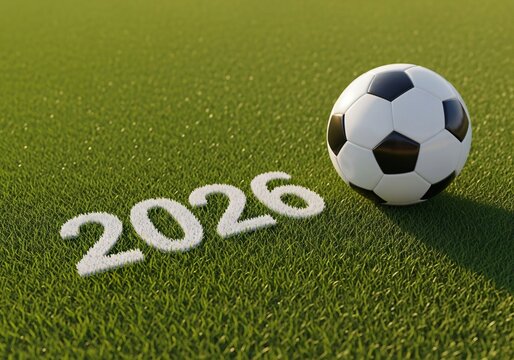 Soccer ball and the year 2026 on a green grass field